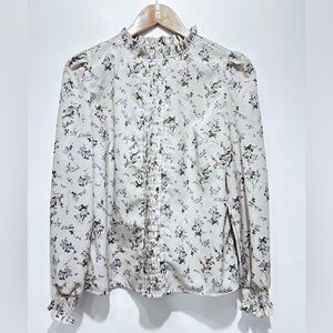 Vintage-Inspired Womens Floral Ruffle Long Sleeve Tops Floral Long Sleeve Size S